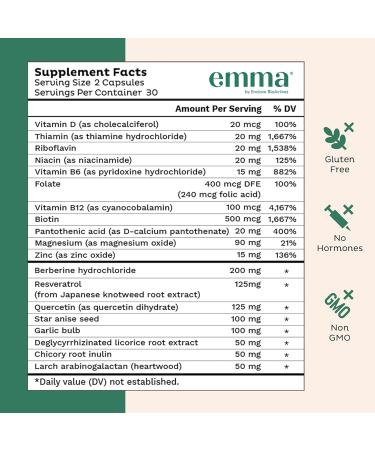 Emma Gut Health Doctors Endorsed Supplement - 60 Capsules - Relief from Gas and Bloating Repairs Leaky Gut with Magnesium Berberine Vitamin D Quercetin & More - Gut Health & Colon Cleanse Formula 60 Count (Pack of 1) - Buy Online on GoSupps.com