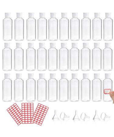 30 Pcs 100ml Plastic Travel Bottles for Toiletries Empty Refillable Transparent Containers Cosmetic Flip Cap Bottles for Toiletries Shampoo Lotions Cosmetics 4pcs Funnels and 2 Sheets Free Labels 07