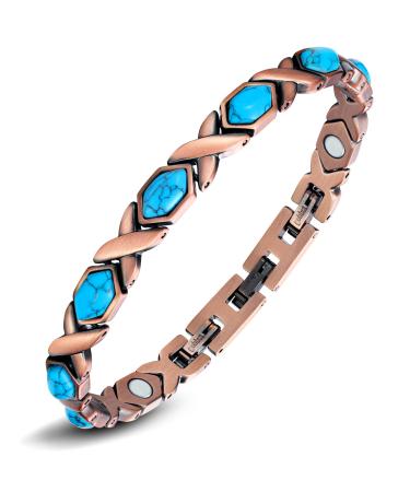Jeracol Lymphatic Drainage Copper Magnetic Bracelets for Women Copper Bracelet with Hexagon Stone Adjustable Length with Sizing Tool in Gift Box(Blue Hexagon)