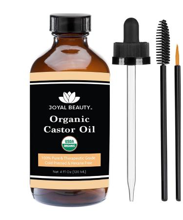 JOYAL BEAUTY Castor Oil (4 OZ) USDA Certified Organic 100% Pure Cold-Pressed Hexane-free Premium Quality Large Size for Hair Eyelashes Eyebrows Beard and Skin Bonus FREE Mascara Kit Included