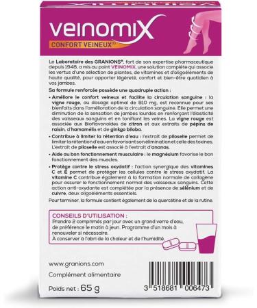 GRANIONS | Veinomix | Promotes the sensation of light legs and limits water retention | Red Vine + Piloselle + Vitamins & Trace Elements | French Brand | 60 Tablets - Buy Online on GoSupps.com