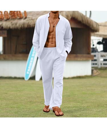 CTU Men's Linen Beach Set: Long Sleeve V-Neck Shirt & Yoga Pant, White - Summer Vacation Essential - Buy Online on GoSupps.com