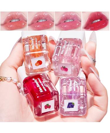 4 Colors Fruit Pearlescent Plumping Lip Oil Hydrating Lip Gloss Tinted Lip Balm Lip CarePearl & Glitter Shine Mini Lip Gloss Kit Long Lasting Nourishing Lip Glow Oil Non-sticky Fresh Texture