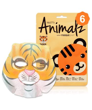 masque BAR Pretty Animalz Tiger Facial Sheet Mask (6 Pack) Korean Beauty Skin Care Treatment Antiseptic Evens Skintone Anti-Inflammatory Anti Aging Spa Fun Face Mask Sheets Animal Characters