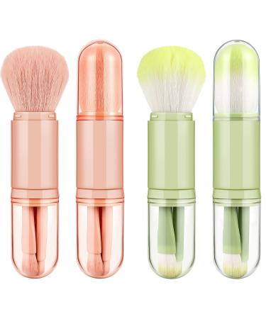 2 Sets Small Makeup Brush Set 4 in 1 Makeup Brush Portable Travel Lip Brush Foundation Blending Powder Brush Retractable Mini Facial Cosmetic Makeup Brush Set (Pink, Green) Green,Pink