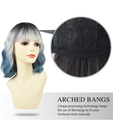 Yamel Wavy Bob Wig with Bangs - Natural Ombre Silver Blue Synthetic Hair Shoulder Length Short Curly Wig for Women - Buy Online on GoSupps.com