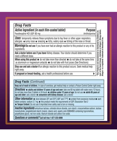 Akron Pharma Allergy Relief Fexofenadine Hydrochloride 60 mg Non-Drowsy Antihistamine Allergy Symptom Relief 100 Tablets - Buy Online on GoSupps.com
