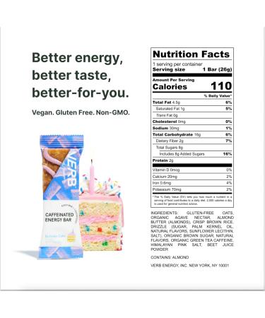 Verb Energy Birthday Cake Snack Bars - Keto Vegan Gluten-Free 110-Calorie Energy Bars with Organic Green Tea - 16 Count - Buy Online on GoSupps.com