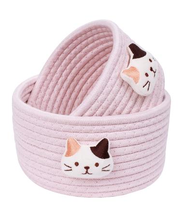 LixinJu Small Basket for Organizing Small Woven Basket Set of 2 Cat Small Rope Basket Decorative Mini Storage Bins Round Little for Desk Dog Cat Toy Kids Baby Girls Gifts, Pink Cat -2Pack