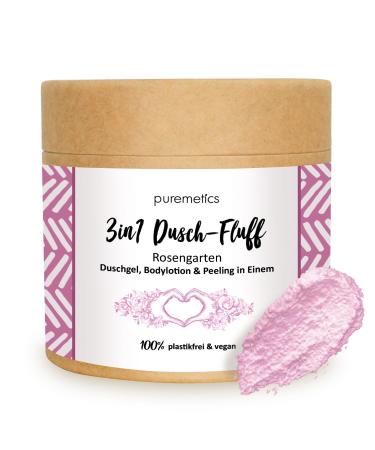 puremetics 3in1 shower fluff rose garden with sugar peeling 250 g shower gel peeling and lotion in one vegan & plastic-free