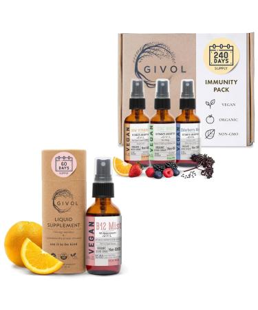 GIVOL Immunity Pack Liquid Vitamins (Pack of 3) Sambucus Nigra Elderberry Mist Zinc Boost Mist and Vitamin C Mist (Extra Strength) and Organic Vegan Vitamin B12 Supplement Liquid Mist