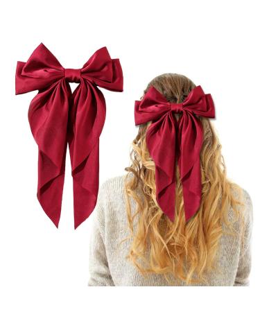 Red Hair Bow Red Bow Hair Clip for Women Solid Color Bow Hair Clips with Long Ribbon French Red Bow Hair Clip Soft Satin Silky Hair Bows Cute Gifts for Women Girls