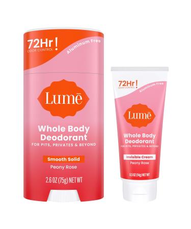 Lume Whole Body Deodorant - Invisible Cream Tube Mini + Solid Stick Bundle - 72 Hour Odor Control - Aluminum & Baking Soda Free Skin Loving (Peony Rose)