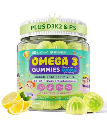 Omega-3 for Kids 4+ Algae EPA & DHA Gummies Plus Vitamin D3 K2 Choline & PS for Brain Bone Cognitive & Immune Health Zero Sugar Children Ultra-High DHA Fish Oil Alternative Lemon Flavor 60 Cts 60 Count (Pack of 1)
