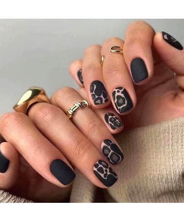 Black Press on Nails Short Leopard Print Fake Nails Square Nail Tips Gray Black Design Cool Acrylic Nails Frosted Texture False Nails Kits for Women Stick on Nails 24 Pcs