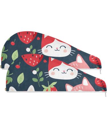 Cute Cat Strawberry Hair Towel 2 Pack - Super Absorbent Quick Dry Hair Turbans for Women & Girls - Buy Online on GoSupps.com
