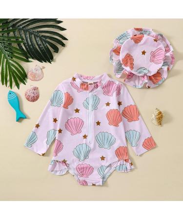 MoccyBabeLee Baby Girl Long Sleeve One Piece Swimsuit with Zip Rash Guard - Shell Design (0-6 Months) - Perfect for Swimming, Bathing, and Beachwear - Buy Online on GoSupps.com