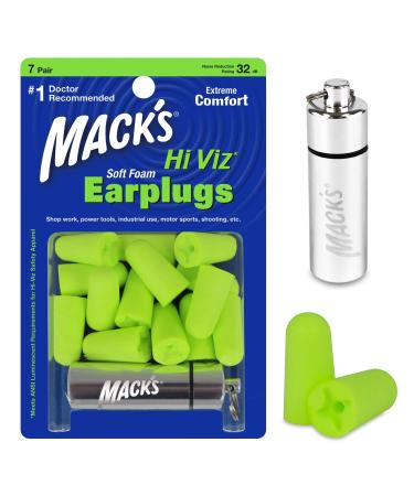 Mack's Hi Viz Soft Foam Earplugs 7 Pair with Travel Case - Most Visible Color Easy Compliance Checks 32dB High NRR - Comfortable Safe Ear Plugs for Shop Work Industrial Use and Motor Sports
