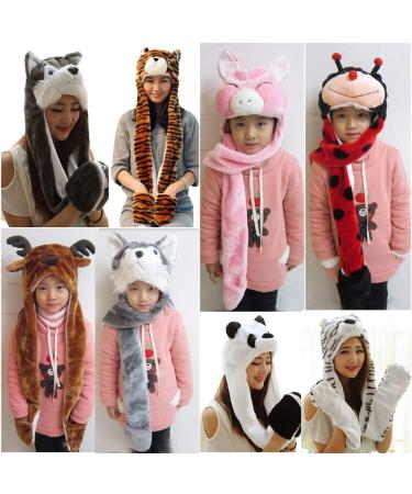 IBLUELOVER Kids Winter Hat Gloves Scarf Set - Brown Tiger Cartoon Animal Hooded 3-in-1 Faux Fur Party Hat & Gloves with Pockets - Buy Online on GoSupps.com