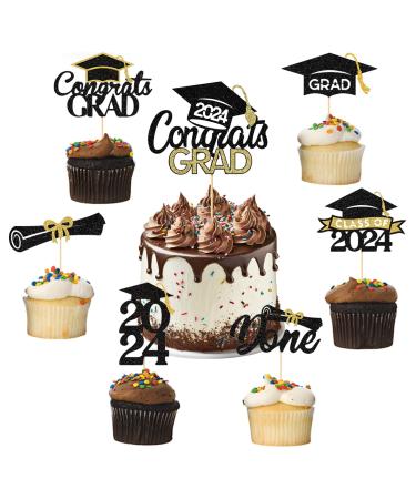 Gala Party 2024 Graduation Cupcake Toppers 25 PCS Food/Appetizer Picks For Graduation Party Glitter Cake Decorations Diploma 2024 Grad Cap Set 25 Pieces (Black Gold)