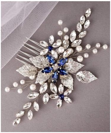 Bridal Sapphire Crystal Hair Comb Pearl Blue Crystal Leaf Marquise Hair Piece Prom Party Festival Wedding Hair Accessories for Women and Girls (Silver)  - Buy Online on GoSupps.com