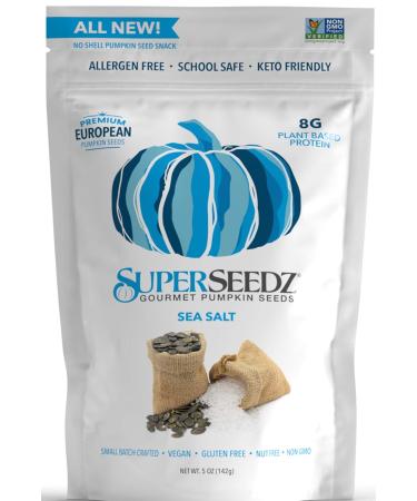 Superseedz Gourmet Roasted Pumpkin Seeds | Sea Salt | Whole 30, Paleo, Vegan & Keto Snacks | 8g Plant Based Protein | Produced In USA | Dairy Free | Nut Free | Gluten Free Snack | (6-pack, 5oz each) Sea Salt 5 Ounce (Pack of 6)