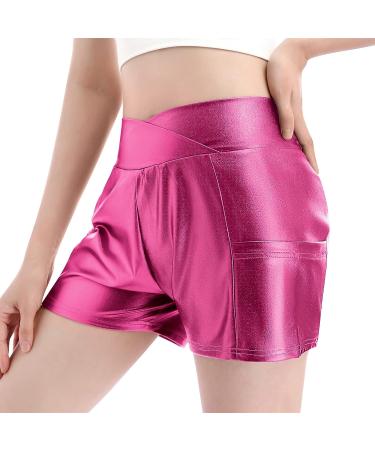 Women's Sparkly Cross V-Front Dance Shorts | High Waist Yoga Gym Rave Party Shorts with Pockets - Hot Pink (Large) - Buy Online on GoSupps.com