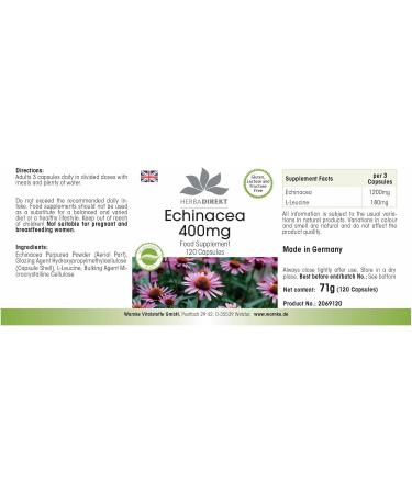 Echinacea 400mg - High Dose Vegan Capsules | 120 Ct | HERBADIREKT by Warnke Vitalstoffe - German Pharmacy Quality - Buy Online on GoSupps.com