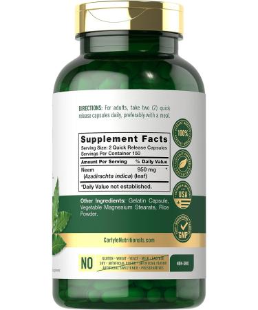 Carlyle Neem Leaf Capsules 950mg - 300 Count | Non-GMO, Gluten Free Traditional Herbal Supplement | Azadirachta Indica - Buy Online on GoSupps.com