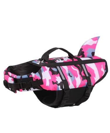 Cit toile life jacket for small medium and large dogs camouflage dog swimming vest shark with handle and reflective protect dogs when swimming in the sea/lake/river pink m m pink camouflage-2