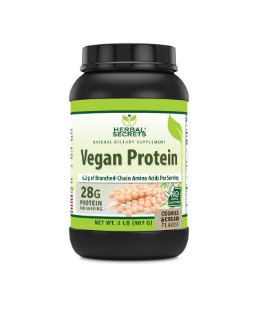 Herbal Secrets Vegan Protein | Cookies & Cream Flavor | 28 Grams Protein | 23 Servings | 6.2 Grams BCAA Supplement | Made in USA