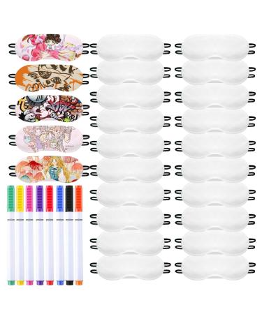 25 Pieces White Eye Sleep Sublimation Coverings Sleep Shade Blindfold Soft Eye Covering DIY Color Your Own Eye Covering with 8 Pieces Fabric Marker Pens for Sleeping Travel Game Party Supply
