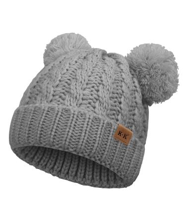 Baby Girls Bobble Hat - Toddler Winter Beanie Hats Kids Warm Knitted Beanies Double Pom Pom Hats Bonnet Cap for Children Boys Girls 1-6Y One Size Grey