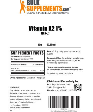 Vitamin K2 MK-7 Powder 90mcg - Bone Health Supplement - 10g (0.35 oz) Pack - BULKSUPPLEMENTS.COM - Buy Online on GoSupps.com