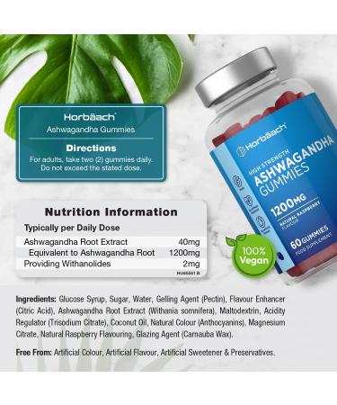 Ashwagandha Gummies 1200mg | 60 Vegan Gummies | with 5% Withanolides | Natural Raspberry Flavour | by Horbaach - Buy Online on GoSupps.com
