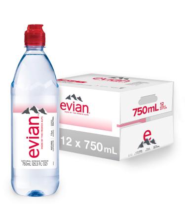 evian Natural Spring Water Individual 750 mL/25.4 Fl Oz (Pack of 12), Water Bottles with Sports Cap, Naturally Filtered Spring Water in Individual-Sized Bottles