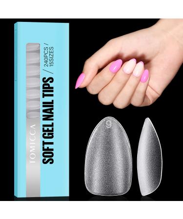 Tomicca almond short nail tips tips for gelails gel full cover nail tips pre-shaped half matt tip nails Gelly nail tips for acrylic-240 pieces 15 sizes 6. almond short 240