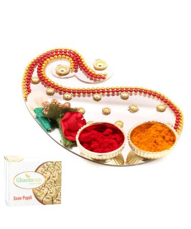 Ghasitaram Gifts Bhaidooj Gifts - Mango Acrylic Roli Chawal Container with 400 GMS Soan Papdi