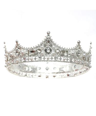FORSEVEN King Crown for Men Crown Royal Costume Accessory Prom Tiara Baroque Vintage Crystal Pearl Bridal Wedding Tiaras Birthday Party Round Crowns (Silver)