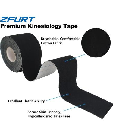 Breathable Cotton Kinesiology Tape - Hypoallergenic & Latex Free Sports Tape | Pain Relief & Injury Prevention | 4 Uncut Rolls (16ft Each) - Black - Buy Online on GoSupps.com