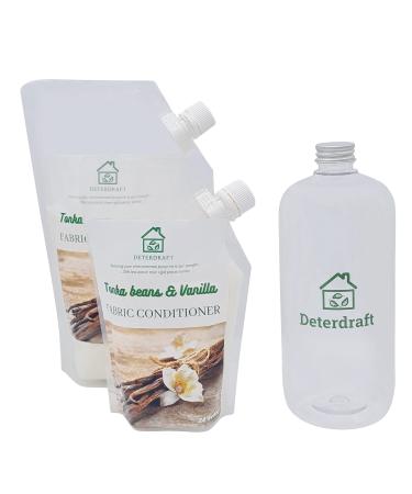 DETERDRAFT Tonka Beans & Vanilla Fabric Conditioner Eco Fabric Softener with 2x Refill Pouches 1x Reusable Eco Bottle Approx. 40 Washes (1450 ml) Biodegradable and Vegan 3 Piece Set