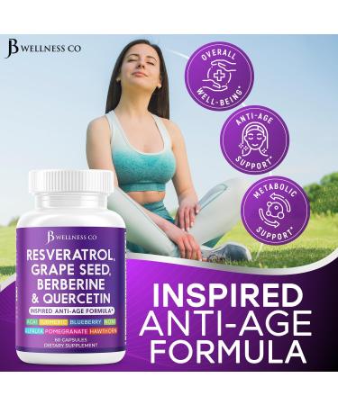 JB Wellness Resveratrol Grape Seed Extract Berberine Quercetin - Polyphenol Supplement for Women and Men with Noni Extract N-Acetyl Cysteine Acai Extract - 60 Capsules 60 Count (Pack of 1) - Buy Online on GoSupps.com