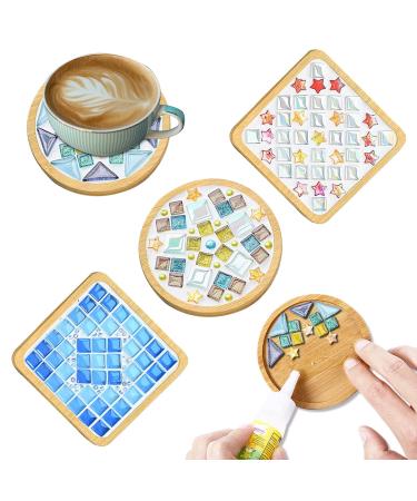 WATHFKCU 4 Sets DIY Glass Mosaic Tiles for Crafts Mixed Color Mosaic Kits with Wooden Coaster for Adults Mosaic Crafts Materials Package for Coaster Handmade Home Decor Gifts