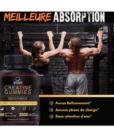Creatine Monohydrate Gummies 2g/BCAA Pre Workout/Collagen/Vitamin B6/Bodybuilding/Sport/Fitness/Vegan/Gluten Free/Non-GMO/Sugar Free/Natural Red Fruit Flavoring/Women/Men/60 Gums Creatine/30 days - Buy Online on GoSupps.com