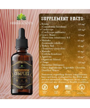 HERBALICIOUS Mushroom Complex Supplement 8 Mushroom Blend for Focus Memory & Immune Support High Potency 120 000mg Mushroom Supplement with Lion s Mane Reishi Cordyceps Chaga 4 fl oz - Buy Online on GoSupps.com