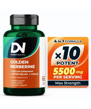 4-in-1 Berberine Supplement 1500mg Ceylon Cinnamon Bitter Melon Ginkgo Boosts Immunity Gut & Heart Health 60 Capsules High Potency 10X Strength for Metabolism Support with 5500mg