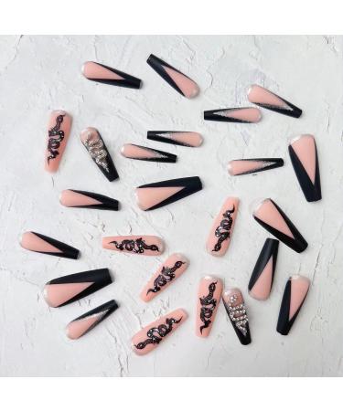 24 Pcs Long Coffin Black French Tip Press on Nails with Silver Snake Rhinestone - Exquisite Acrylic False Nails for Manicure Decoration - Buy Online on GoSupps.com