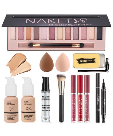 All in One Makeup Kit Includes 12 Colors Eyeshadow Palette Foundation Face Primer Lipstick Set Eyebrow Soap Kit Winged Eyeliner Stamp Waterproof Mascara Makeup Brush Makeup Sponge Gift Set for Women Nude#+Beige# Foundation