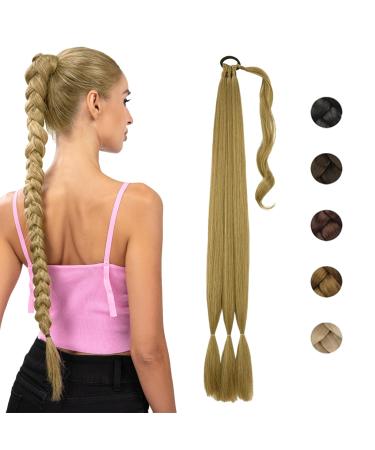 QESSUVNC Braid Extensions Ponytail Extension with Hair Scrunchie 80 cm Long Braided Ponytail Braid Extensions Ponytail Long Straight Ponytail (Yellow)