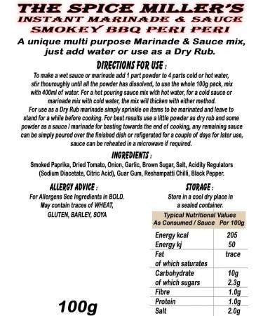 The Spice Miller's Instant Marinade & Sauce or BBQ Rub (Smoked Paprika BBQ Mild Piri Piri Peri Peri) Makes 400ml Smokey BBQ Mild Peri Peri - Buy Online on GoSupps.com